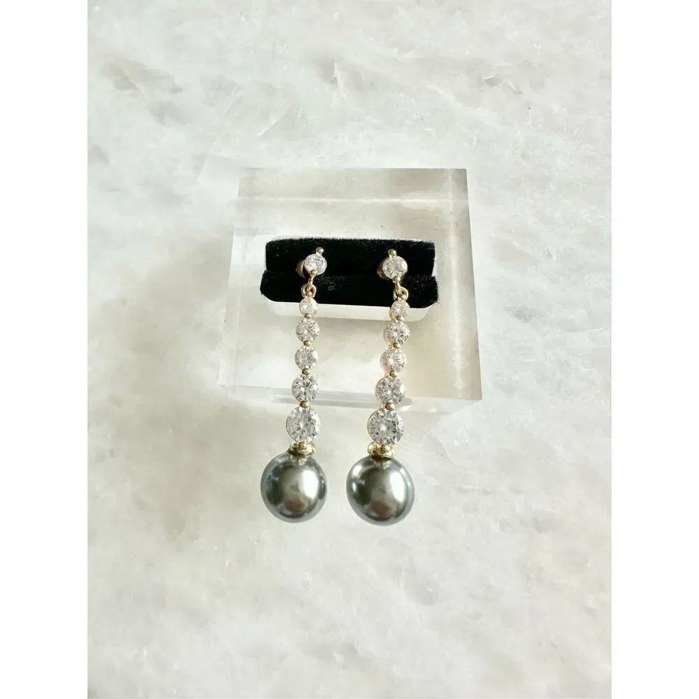 Gray pearl dangle cubic zirconia earrings 